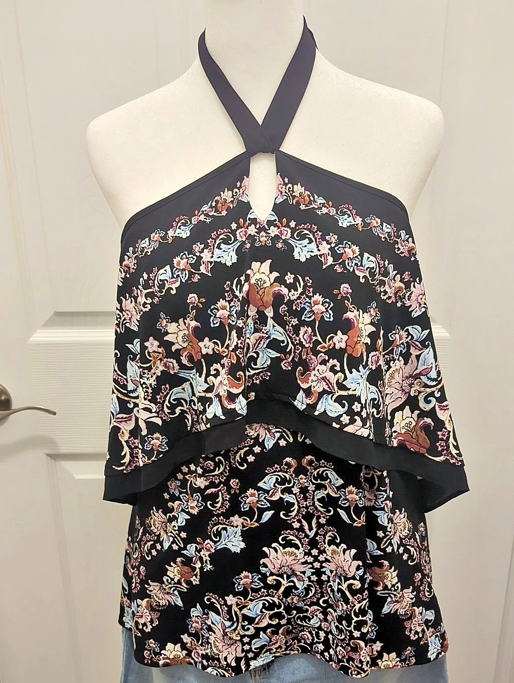 White's House Black Market Floral Halter Tank Top in Black